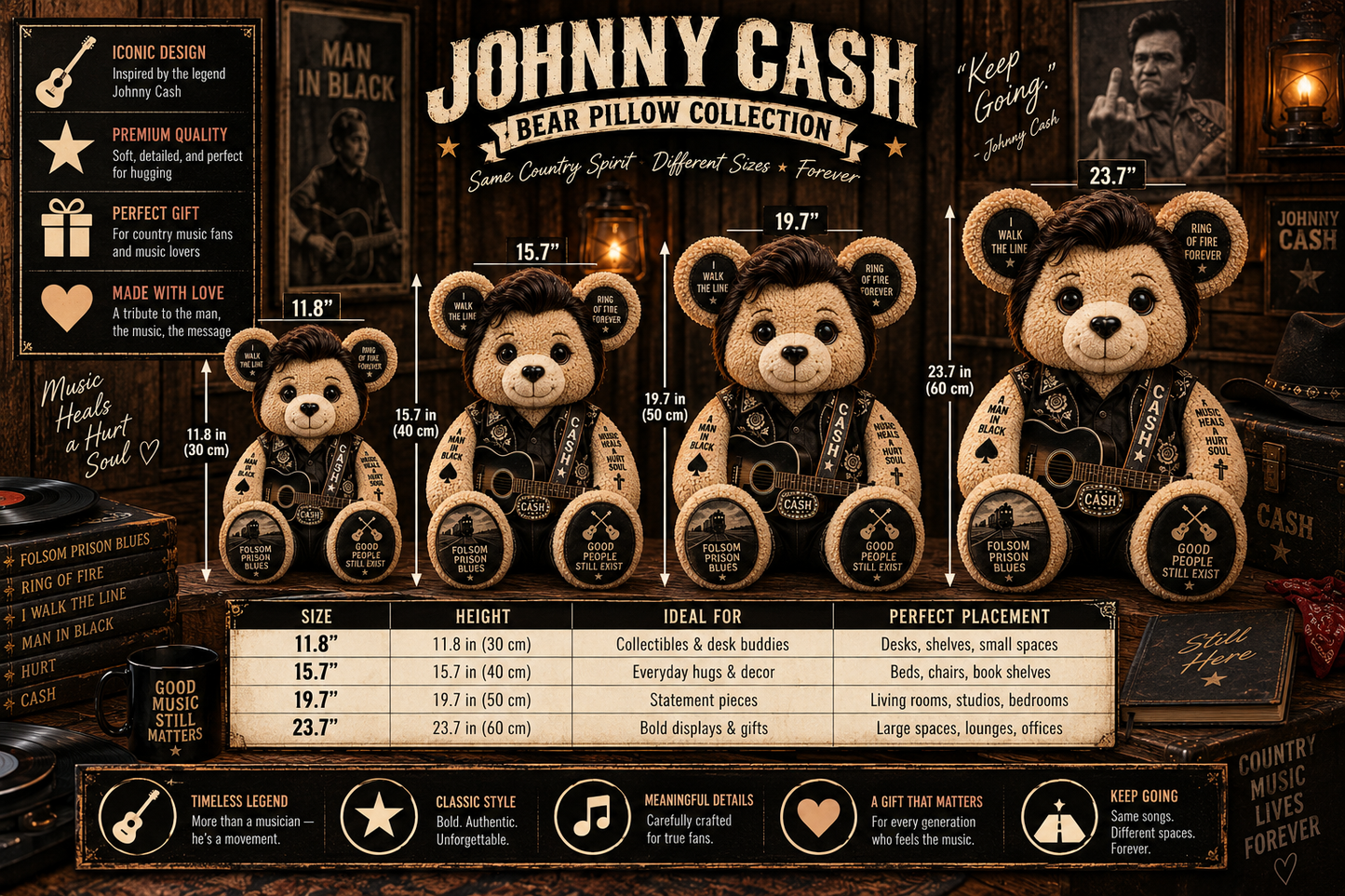 Johnny Cash Bear Custom Shaped Pillow – King of Country, Pure Country Music Fan Gift