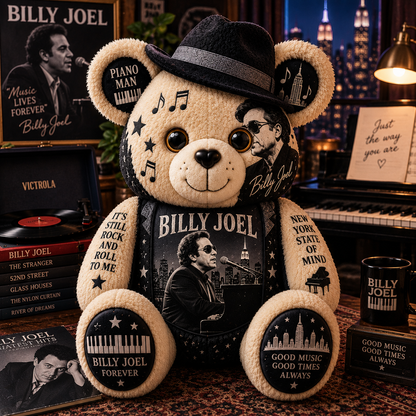 Billy Joel Piano Man Bear Custom Shaped Pillow – Music Legend Fan Gift, Classic Rock Collectible