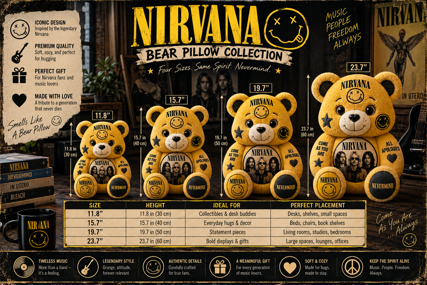 Nirvana Bear Custom Shaped Pillow – Rock Music Legend Gift