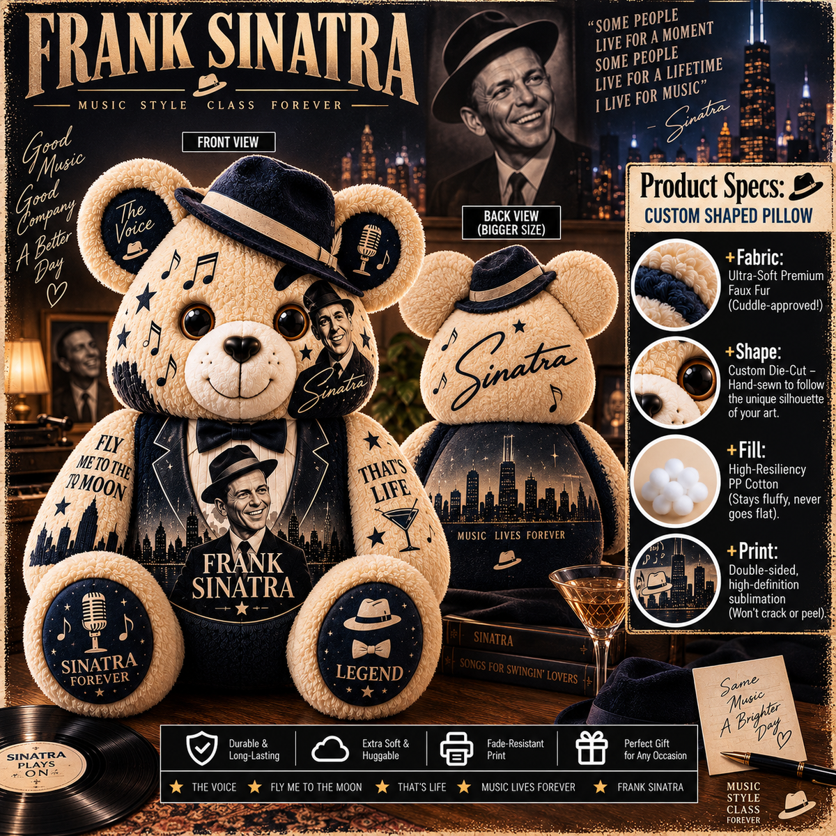 Frank Sinatra Bear Custom Shaped Pillow – The Voice Music Legend Fan Gift