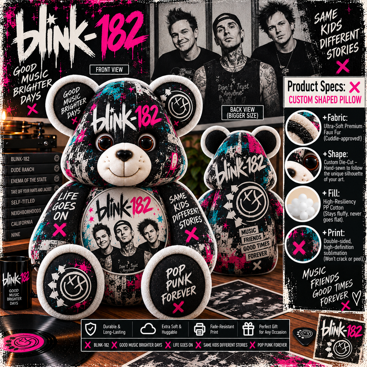 Blink-182 Custom Shaped Bear Pillow – Pop Punk Music Inspired Gift for Fans