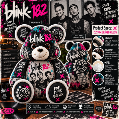 Blink-182 Custom Shaped Bear Pillow – Pop Punk Music Inspired Gift for Fans