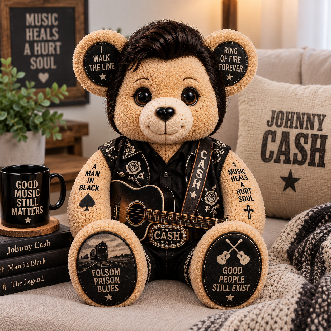 Johnny Cash Bear Custom Shaped Pillow – King of Country, Pure Country Music Fan Gift