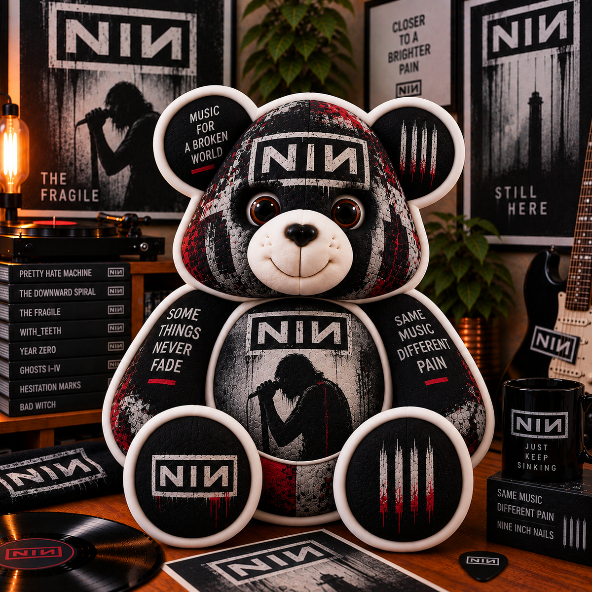 Nine Inch Nails Custom Shaped Bear Pillow – Industrial Rock Music Inspired Gift for Fans