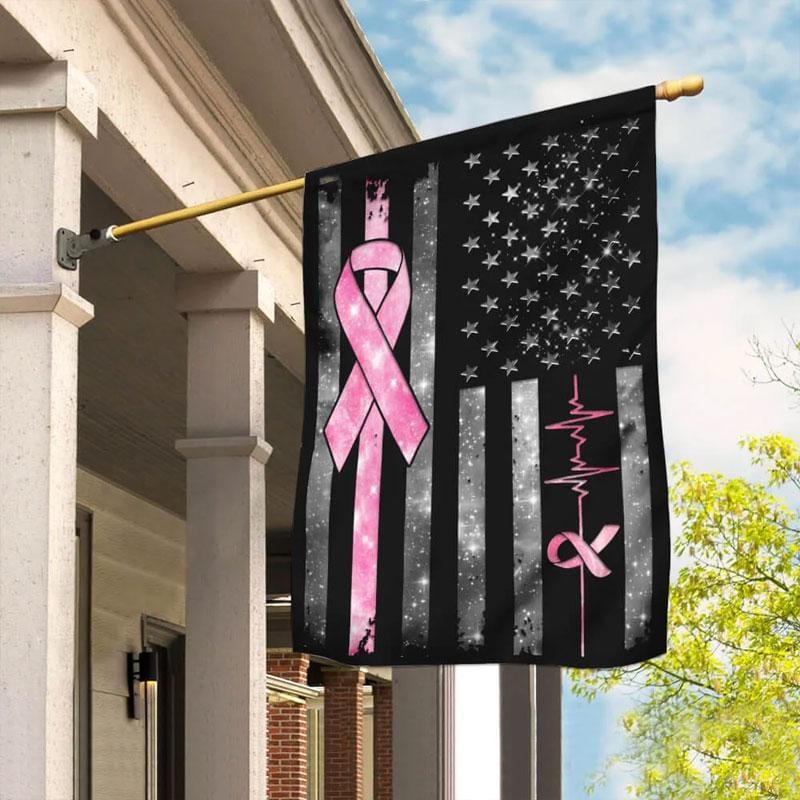 Pink Ribbon Line & Heartbeat American Flag - Breast Cancer Awareness House Flag