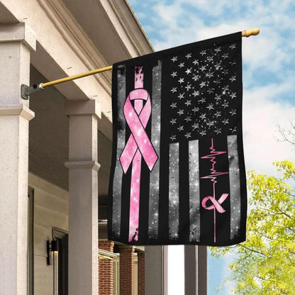 Pink Ribbon Line & Heartbeat American Flag - Breast Cancer Awareness House Flag