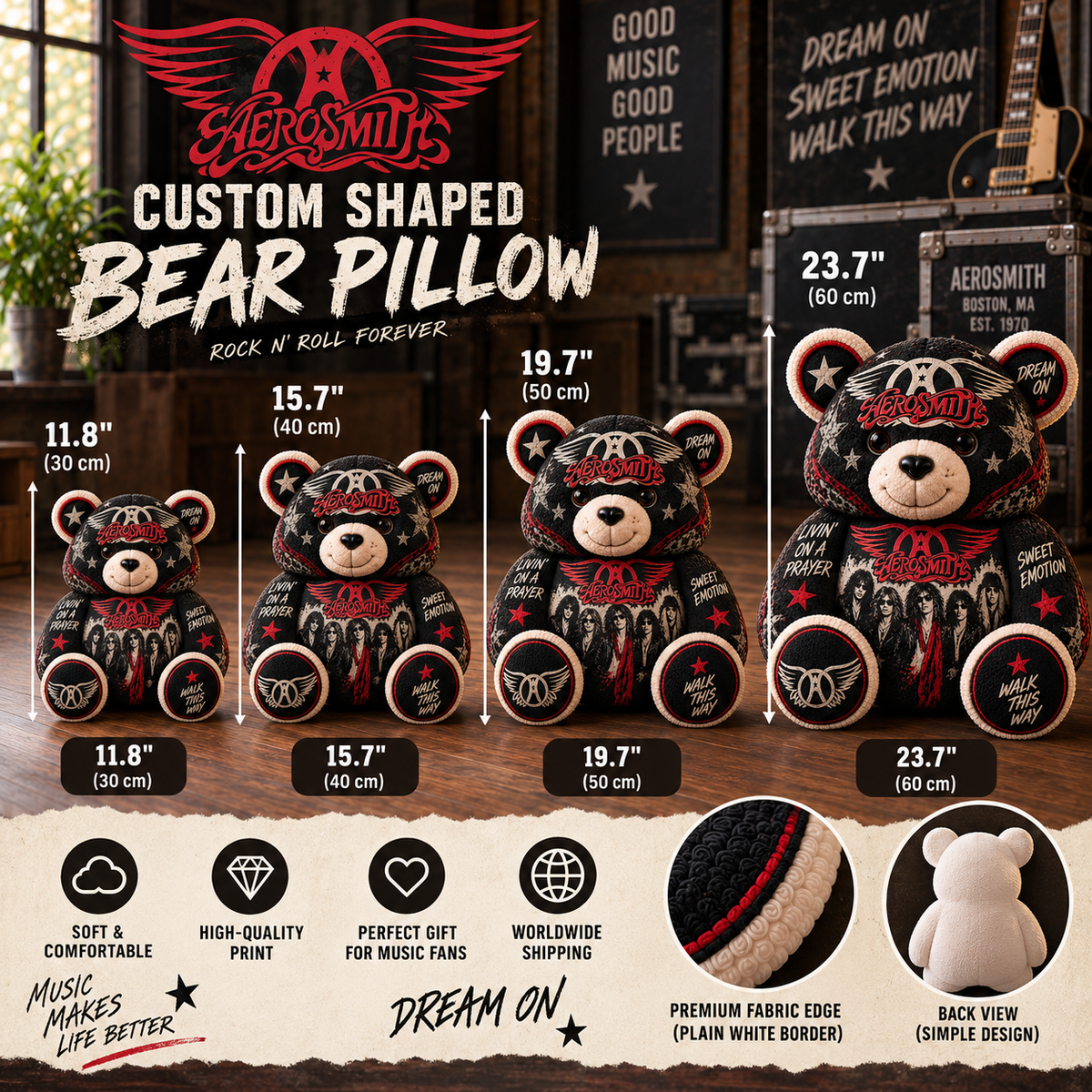 Aerosmith Custom Shaped Bear Pillow – Classic Rock Music Inspired Gift for Fans