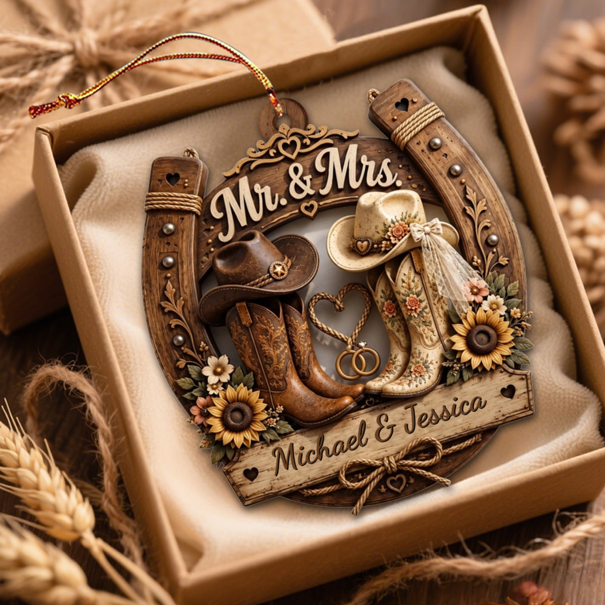 Personalized Rustic Horseshoe & Cowboy Boots Wedding Wooden Ornament