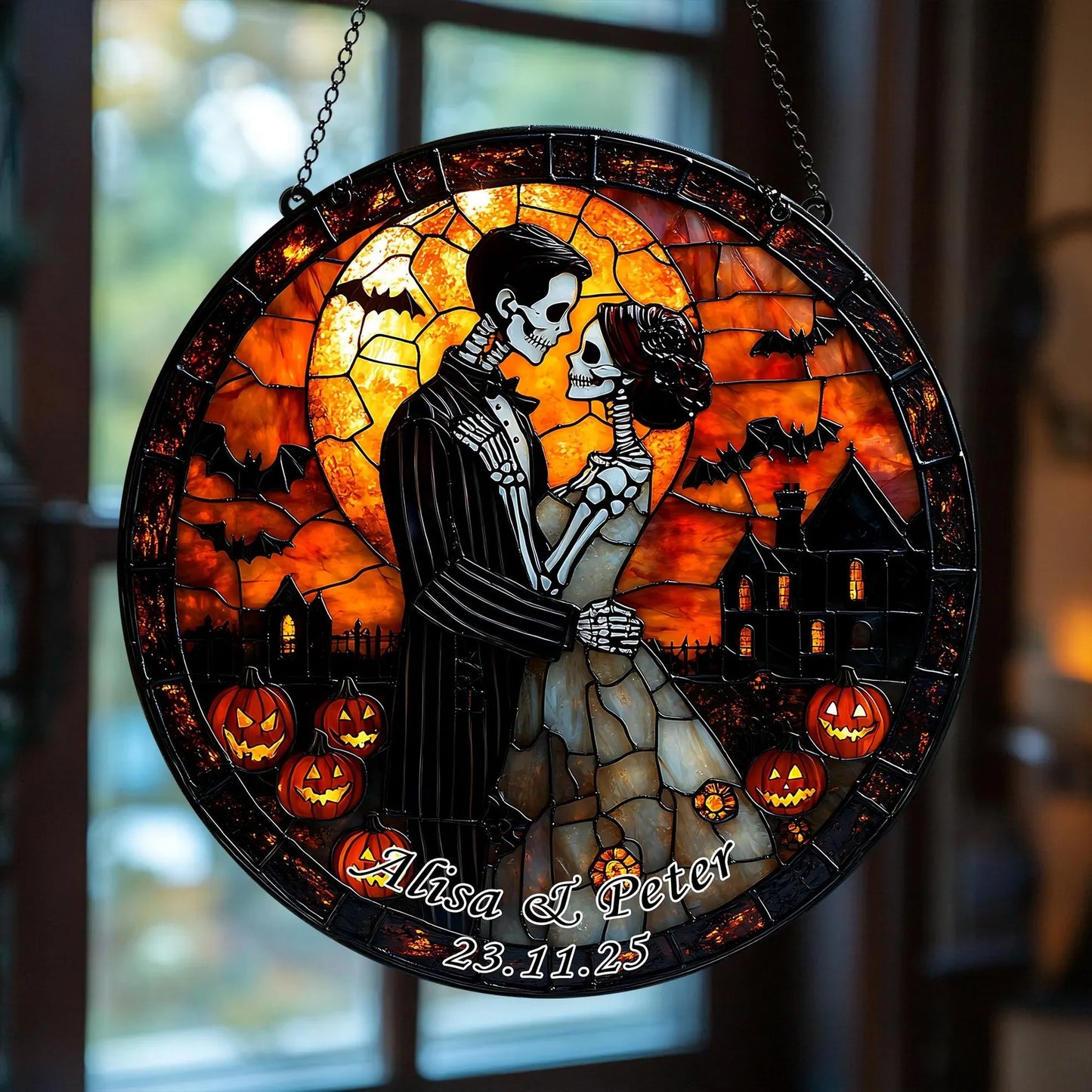 Personalized Gothic Skull Couple Stained Glass Suncatcher, Hanging Decor