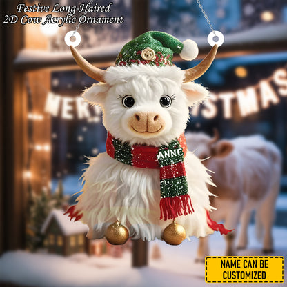 Festive Long-Haired Cow - Personalized Cow Ornament