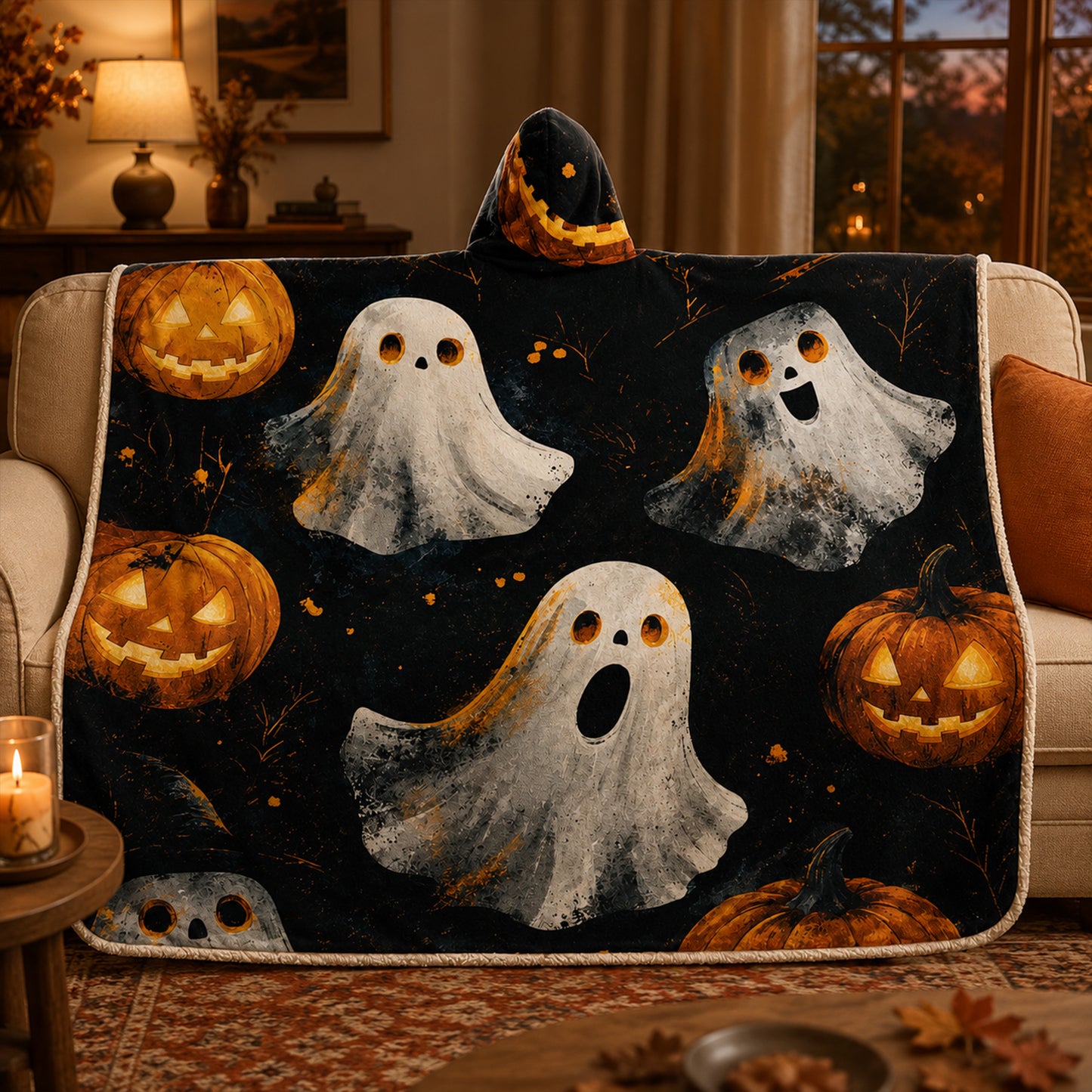 Ghost & Pumpkin Hooded Blanket