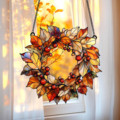 Fall Leaves Wreath Acrylic Window Hanging, Acrylic Window Hanging