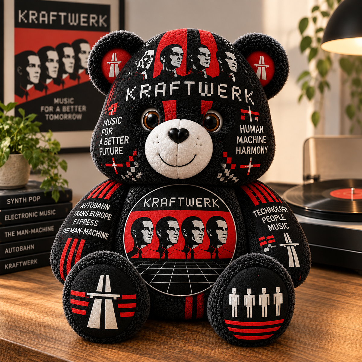 Kraftwerk Custom Shaped Bear Pillow – Electronic Music & Synth-Pop Inspired Gift for Kraftwerk Fans