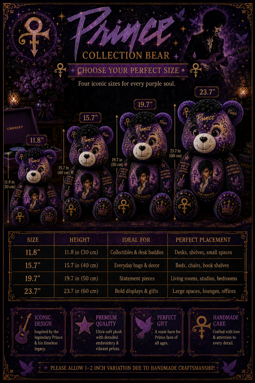 Prince Bear Custom Shaped Pillow – Gift for Prince Fans & Purple Rain Music Lovers