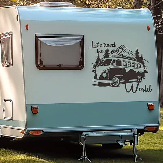 Let's Travel the World Camper Sticker Black