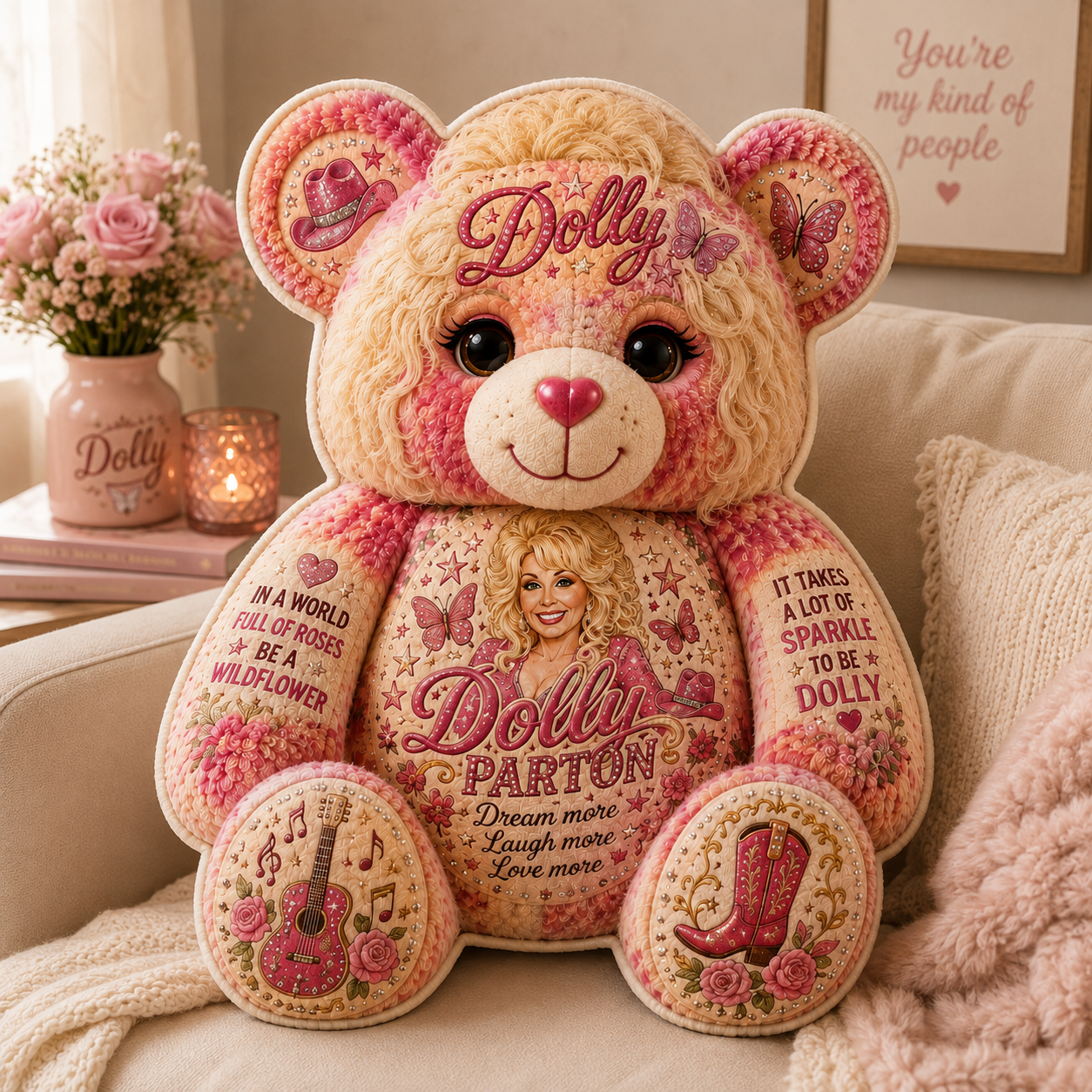 Dolly Parton Bear Pillow, Country Music Lover Gift, Dolly Inspired Teddy Bear, Gift for Women, Mom & Grandma