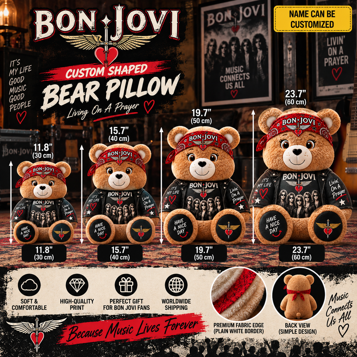 Bon Jovi Custom Shaped Bear Pillow – Livin’ on a Prayer Rock Music Inspired Gift for Bon Jovi Fans