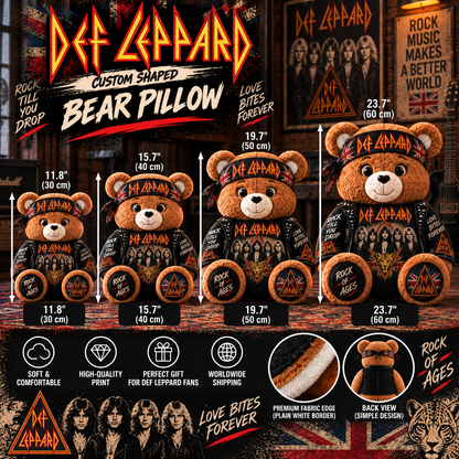 Def Leppard Custom Shaped Bear Pillow – Classic Hard Rock Inspired Gift for Def Leppard Fans