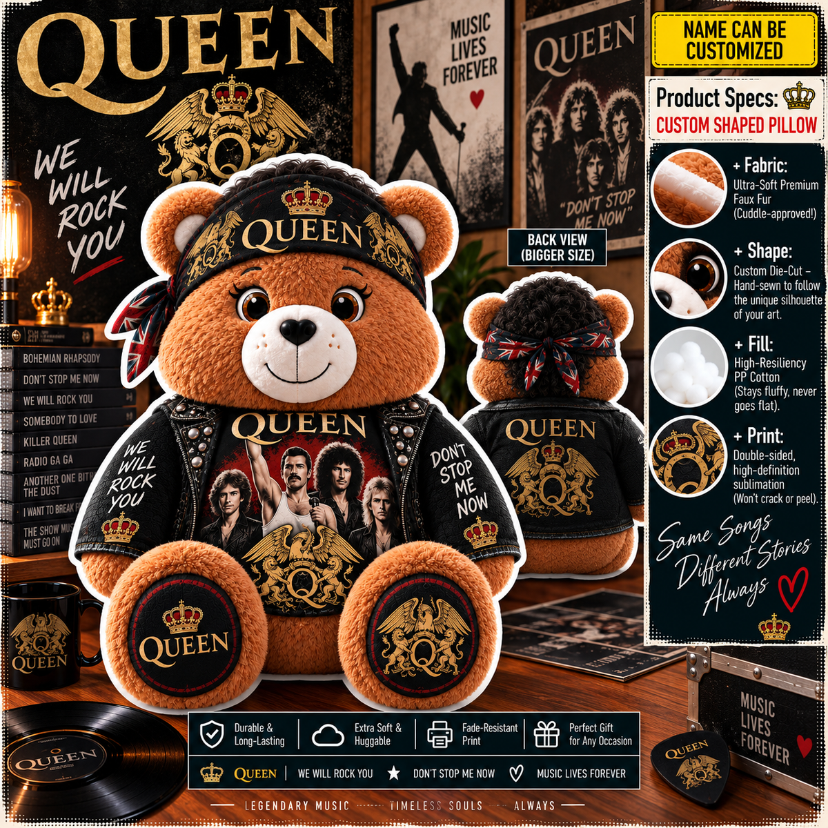 Queen Custom Shaped Bear Pillow – Classic Rock Inspired Gift for Queen & Freddie Mercury Fans