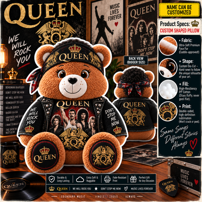 Queen Custom Shaped Bear Pillow – Classic Rock Inspired Gift for Queen & Freddie Mercury Fans
