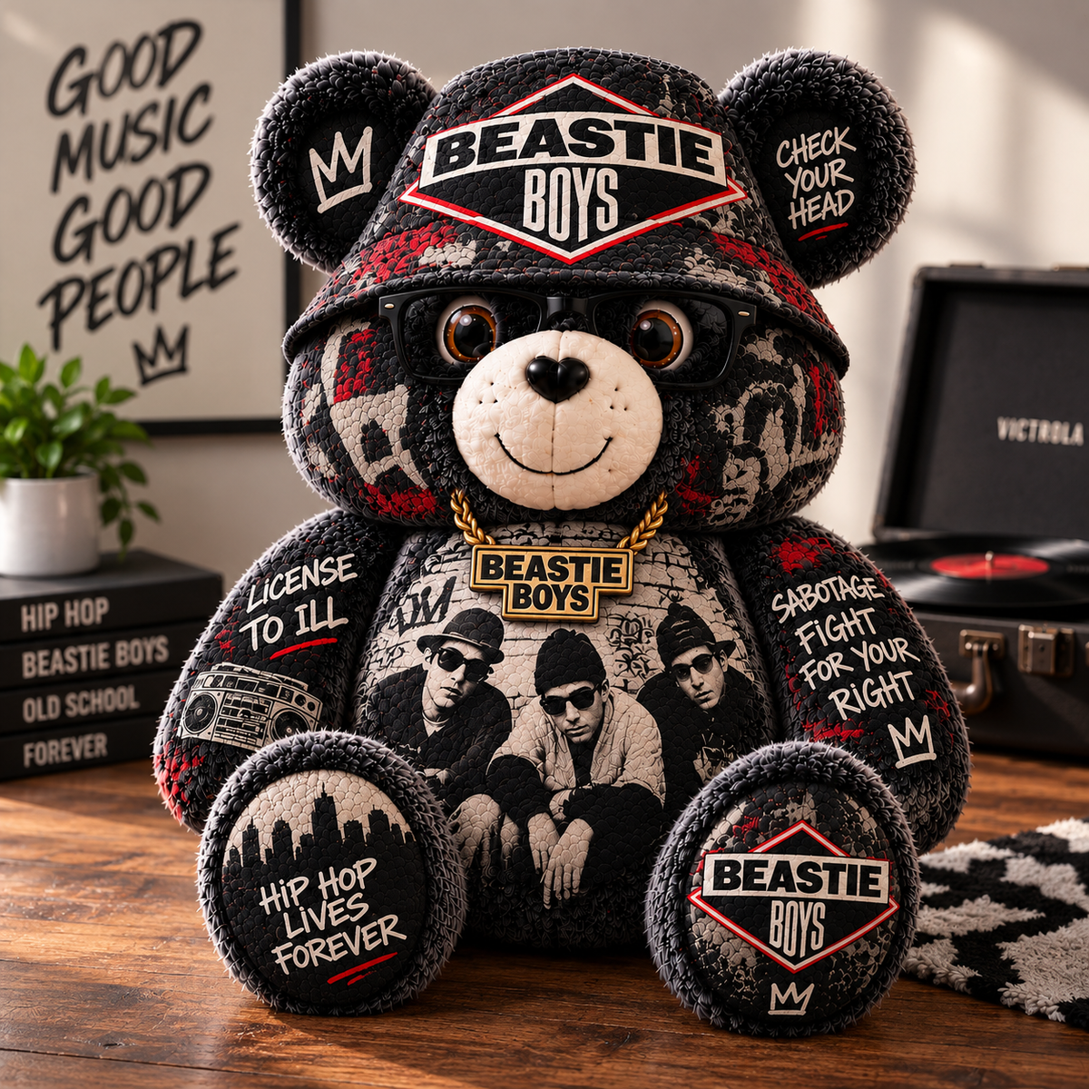 Beastie Boys Custom Shaped Bear Pillow – Old School Hip Hop Inspired Gift for Beastie Boys Fans
