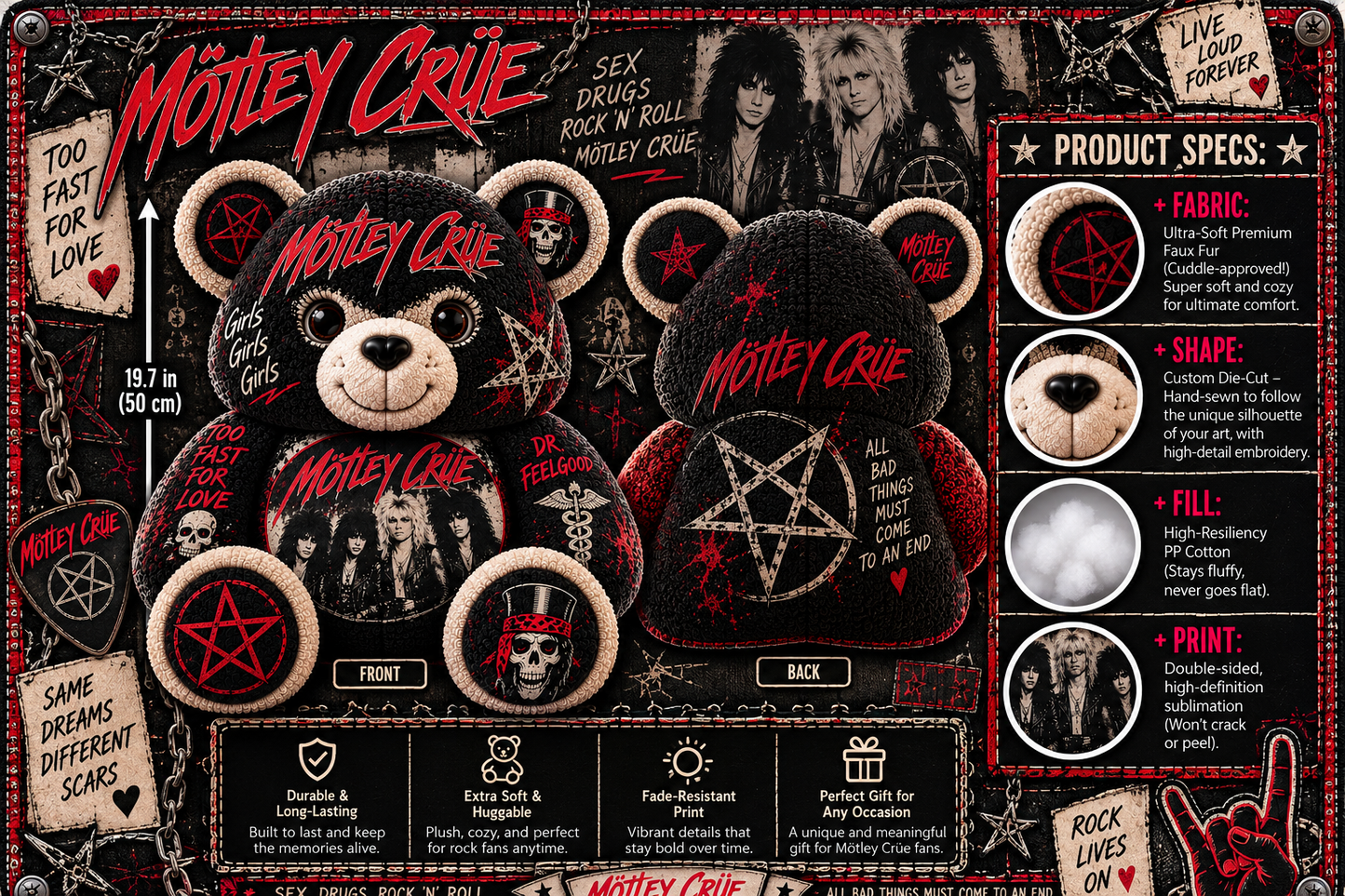 Mötley Crüe Bear Custom Shaped Pillow – Glam Metal Rock Music Fan Gift