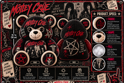 Mötley Crüe Bear Custom Shaped Pillow – Glam Metal Rock Music Fan Gift