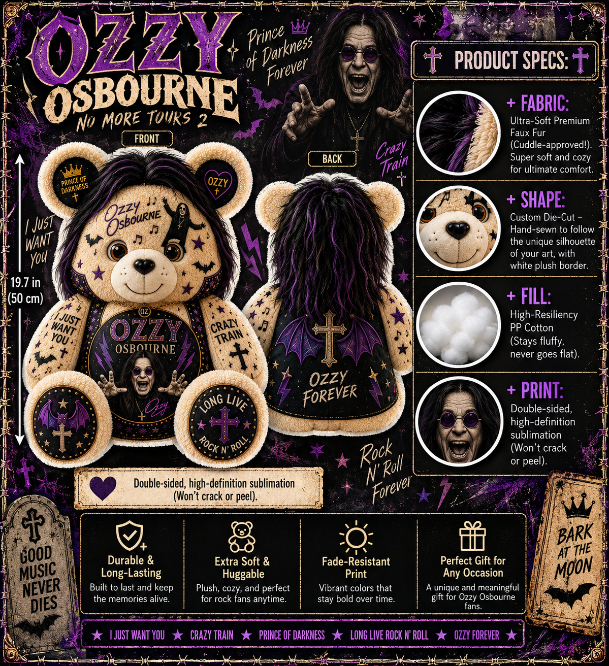 Ozzy Osbourne Bear Custom Shaped Pillow – Prince of Darkness Rock Music Fan Gift