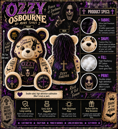 Ozzy Osbourne Bear Custom Shaped Pillow – Prince of Darkness Rock Music Fan Gift