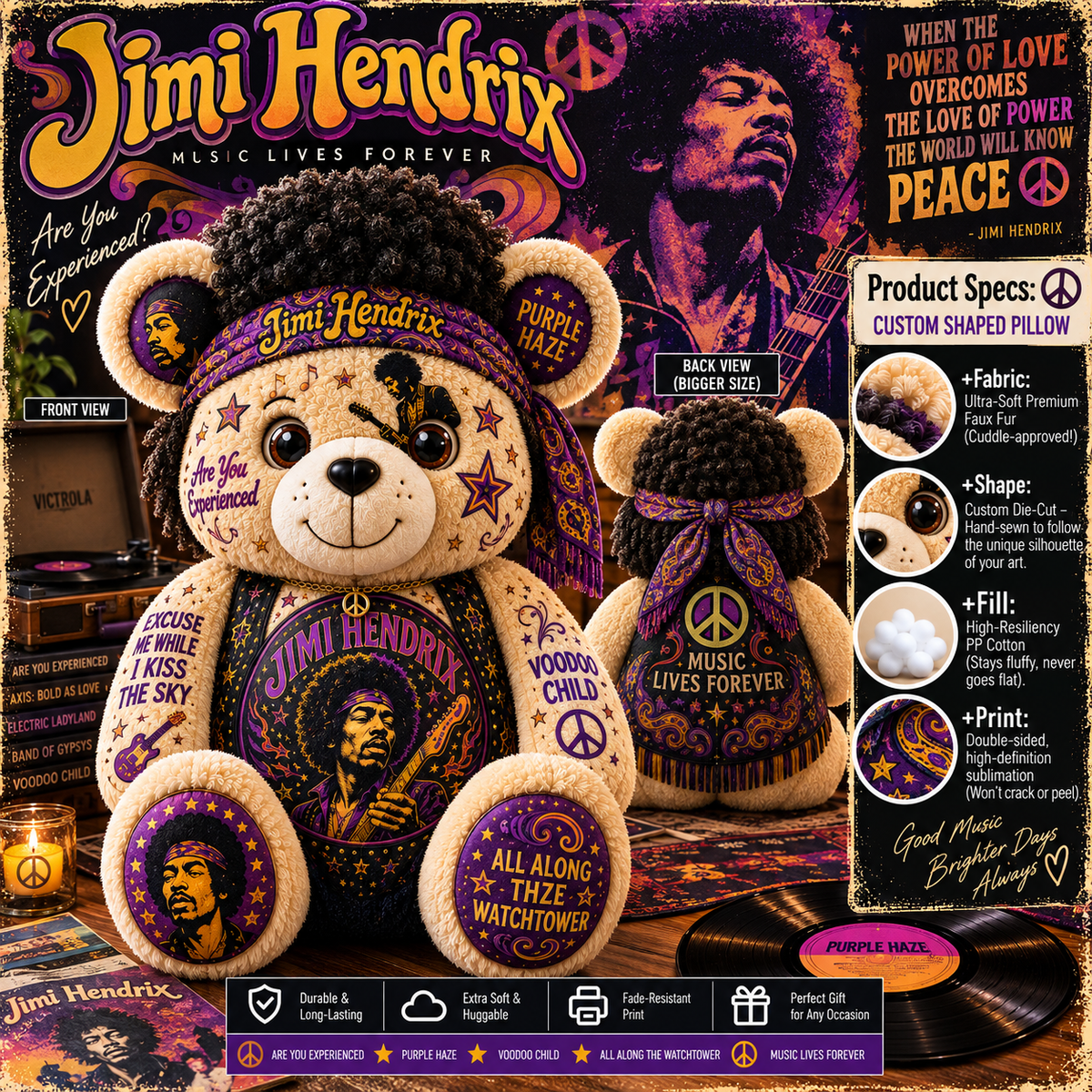 Jimi Hendrix Bear Custom Shaped Pillow – Purple Haze Rock Music Fan Gift
