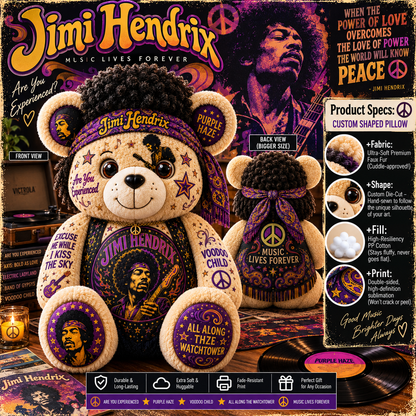 Jimi Hendrix Bear Custom Shaped Pillow – Purple Haze Rock Music Fan Gift