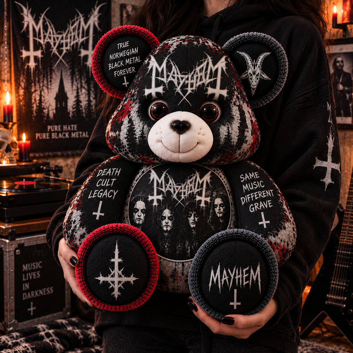 Mayhem Custom Shaped Bear Pillow – Norwegian Black Metal Inspired Gift for Fans