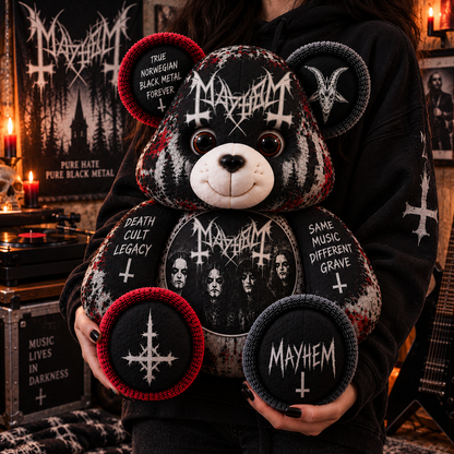 Mayhem Custom Shaped Bear Pillow – Norwegian Black Metal Inspired Gift for Fans