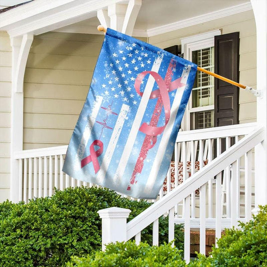 Pink Ribbon Through Snow & Heartbeat American Flag - Breast Cancer Awareness House Flag