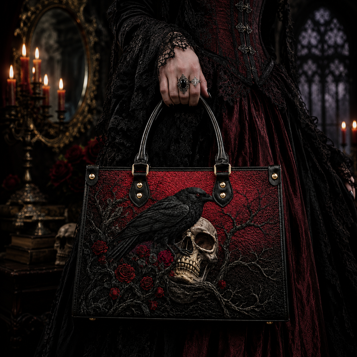 The Raven Gothic Leather Handbag – Dark Literary Skull & Rose Bag