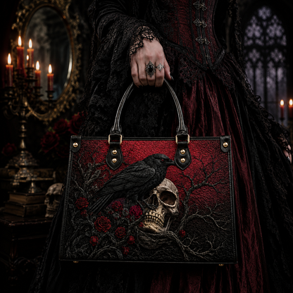 The Raven Gothic Leather Handbag – Dark Literary Skull & Rose Bag