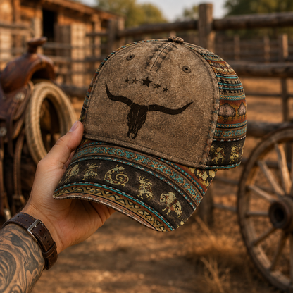 Western Longhorn Cap – Southwestern Cowboy Tribal Hat, Rustic Ranch Gift