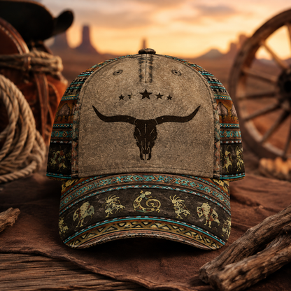 Western Longhorn Cap – Southwestern Cowboy Tribal Hat, Rustic Ranch Gift
