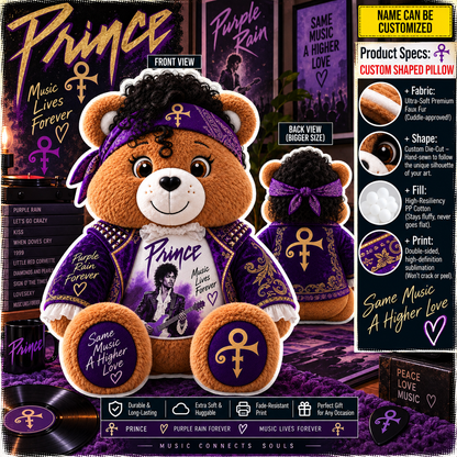 Prince Custom Shaped Bear Pillow – Purple Rain Inspired Gift for Prince Fans