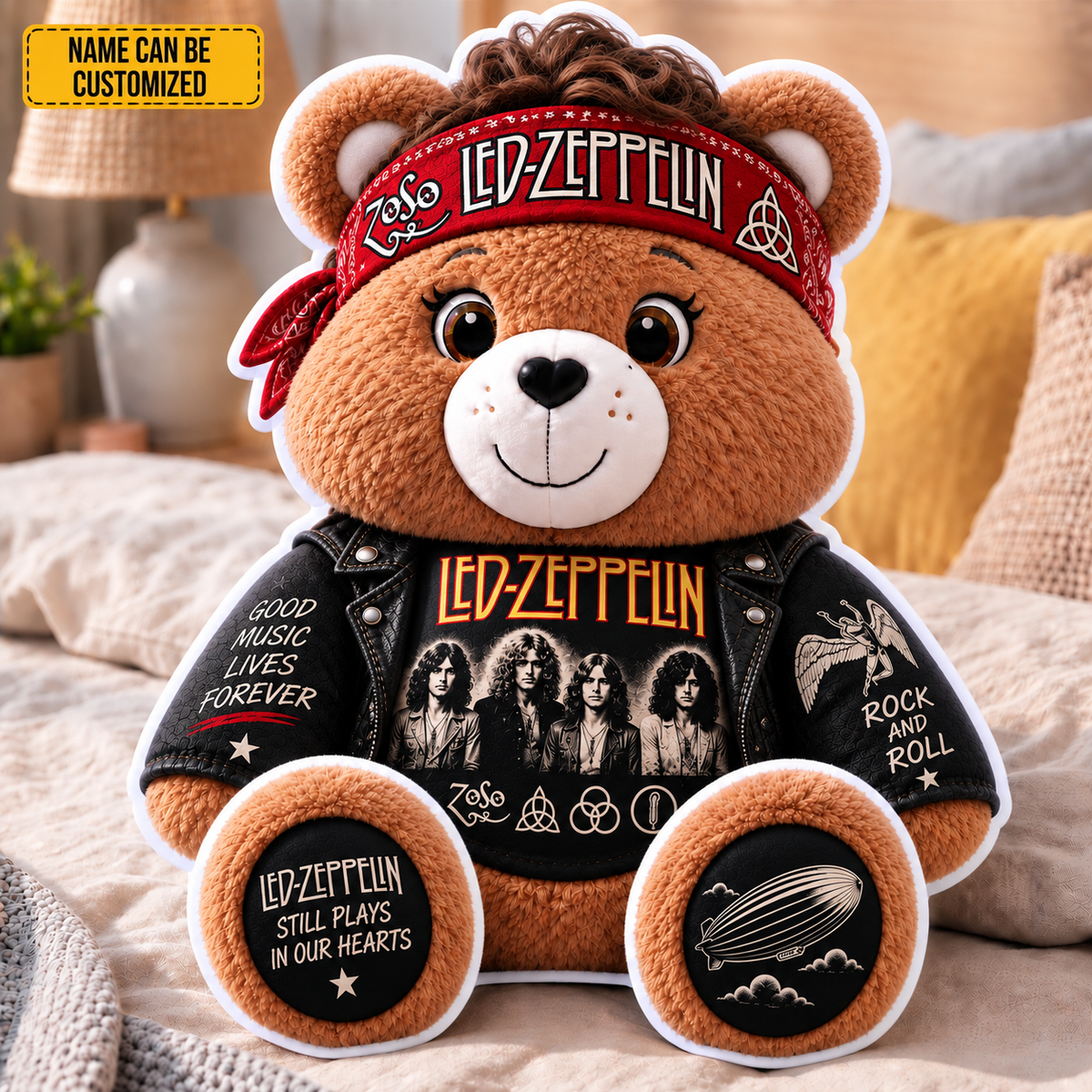Led Zeppelin Custom Shaped Bear Pillow – Classic Rock Inspired Gift for Led Zeppelin Fans