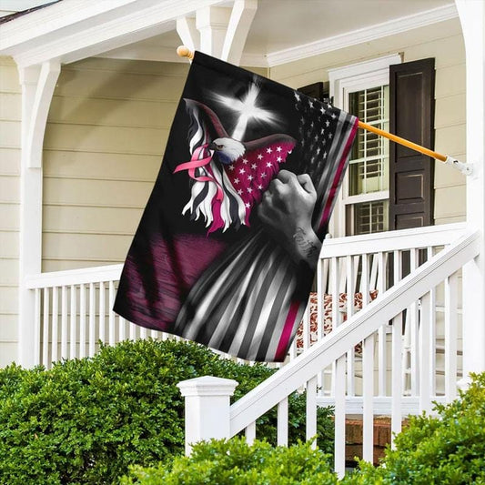 Pink Ribbon Eagle Cross American Flag - Breast Cancer Awareness House Flag