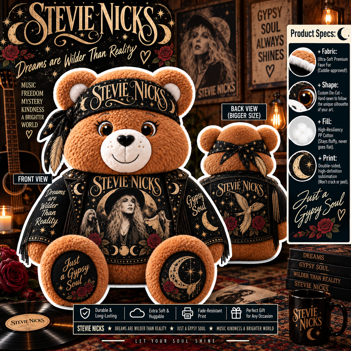 Stevie Nicks Custom Shaped Bear Pillow – Gypsy Soul & Classic Rock Inspired Gift for Stevie Nicks Fans