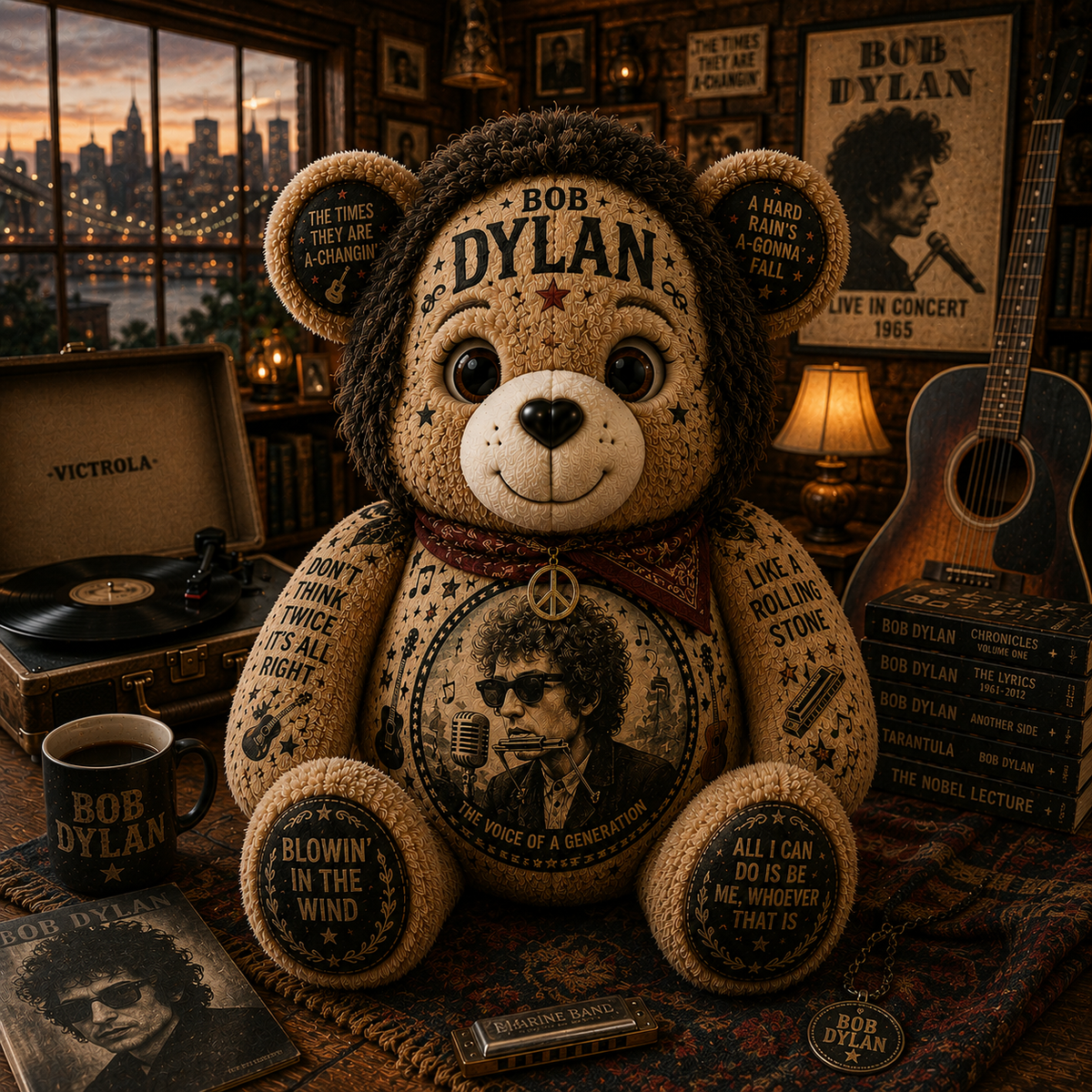 Bob Dylan Blowin’ in the Wind Bear Custom Shaped Pillow – Folk Rock Legend Music Lover Gift