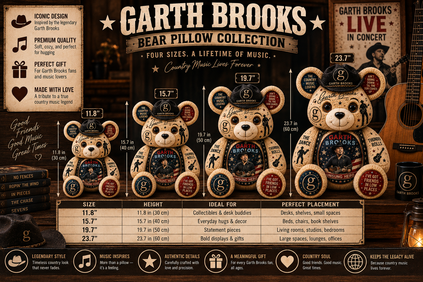 Garth Brooks Bear Custom Shaped Pillow – Rock Music Legend Gift
