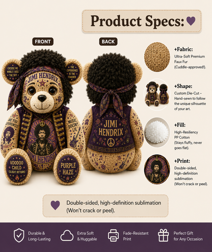 Jimi Hendrix Purple Haze Bear Custom Shaped Pillow – Psychedelic Rock Legend Music Lover Gift