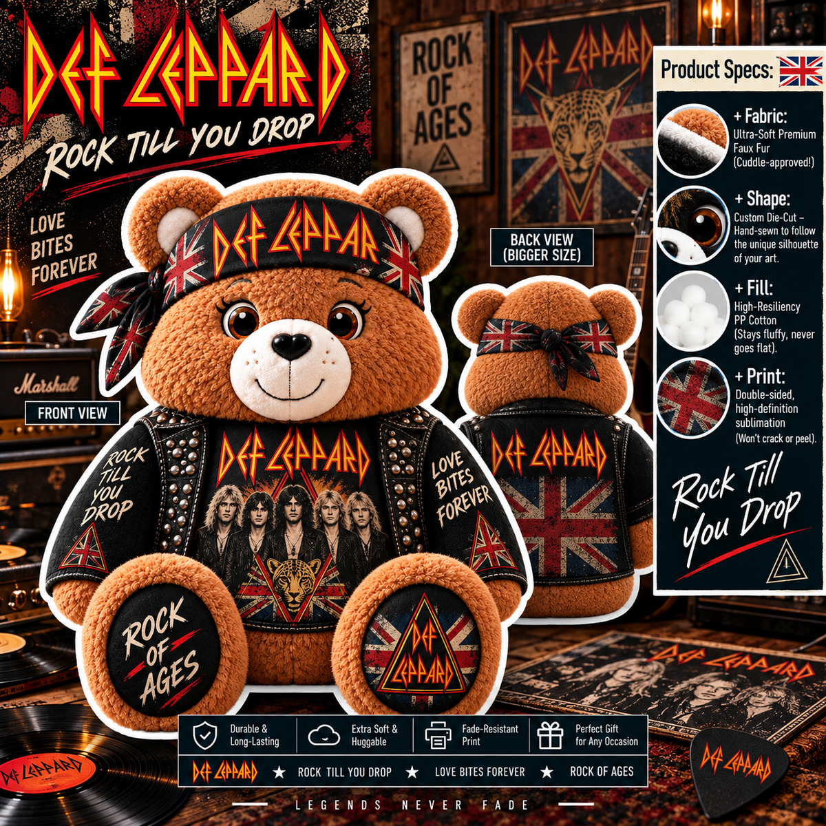 Def Leppard Custom Shaped Bear Pillow – Classic Hard Rock Inspired Gift for Def Leppard Fans