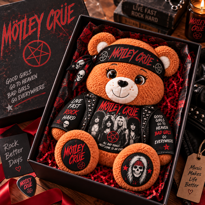 Mötley Crüe Custom Shaped Bear Pillow – Live Fast Rock Hard Hair Metal Rock Music Inspired Gift for Mötley Crüe Fans