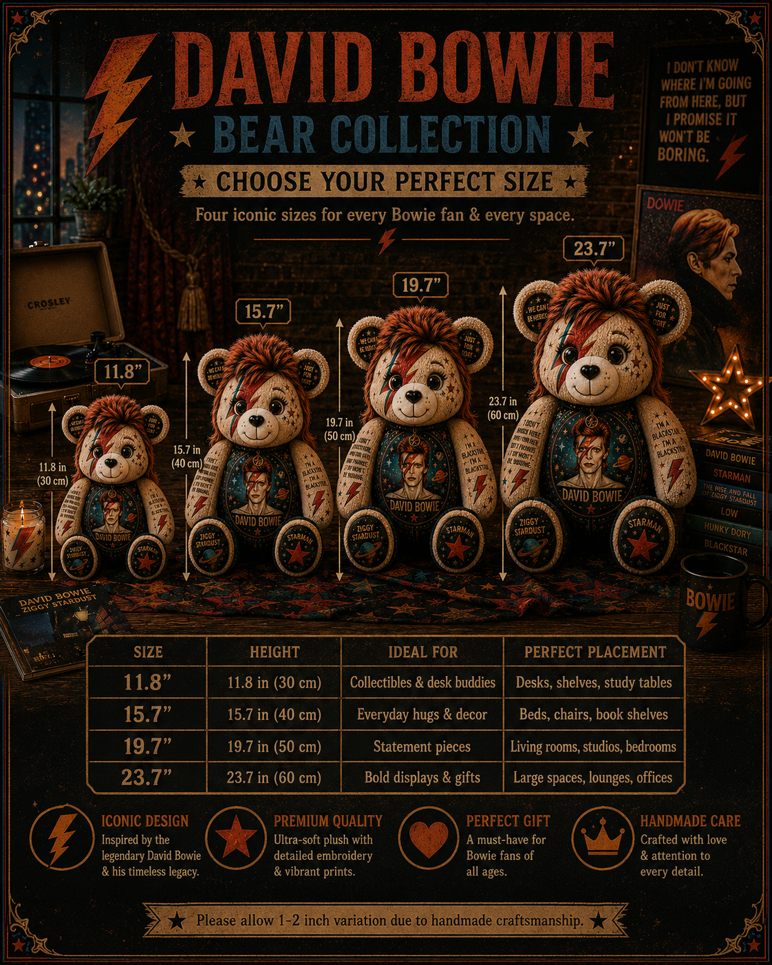 David Bowie Bear Custom Shaped Pillow – Gift for Classic Music Lovers