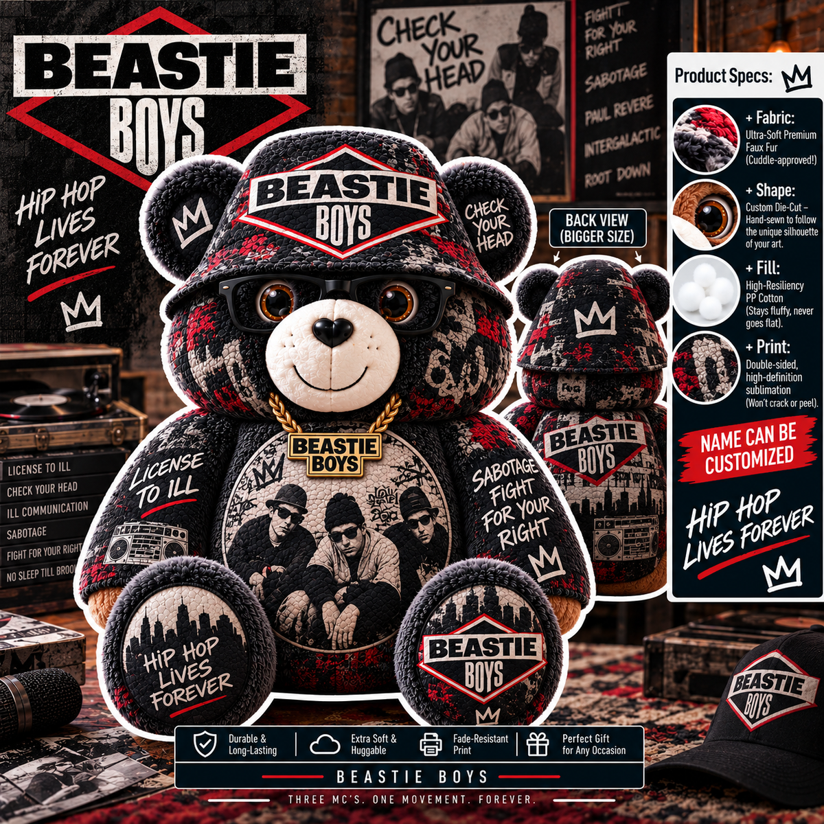 Beastie Boys Custom Shaped Bear Pillow – Old School Hip Hop Inspired Gift for Beastie Boys Fans