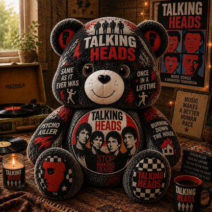 Talking Heads Custom Shaped Bear Pillow – New Wave & Art Rock Music Inspired Gift for Talking Heads Fans